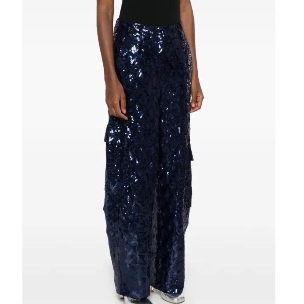 ROTATE Birger Navy Blue Sequin Cargo Pants Wide Leg High Waisted Trousers